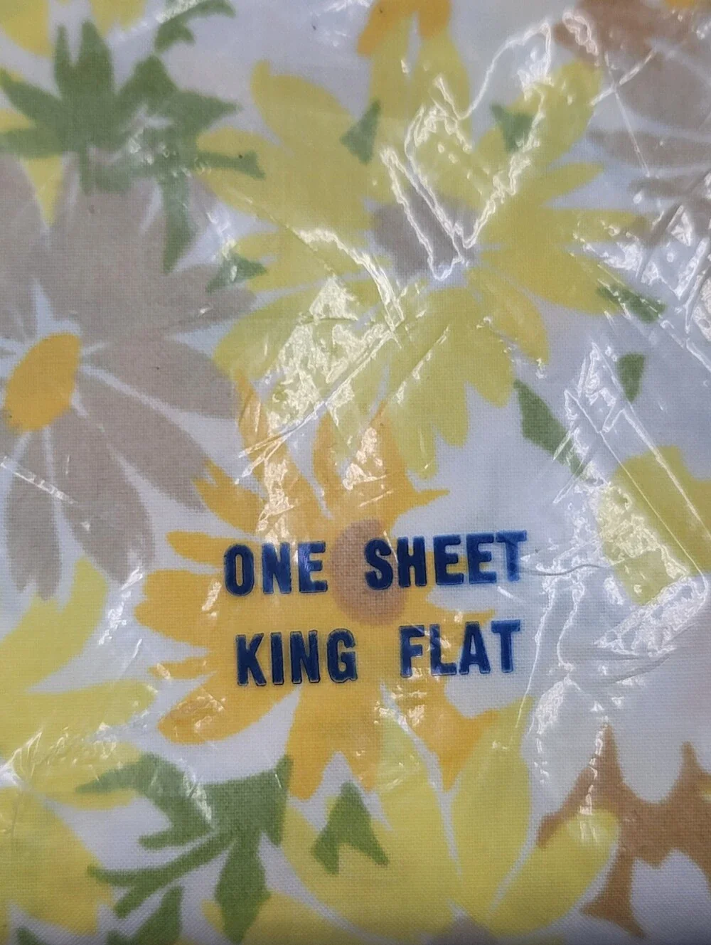NOS Vintage 70s Pacific Miracle No-Iron King Fitted Sheet Yellow Floral Fortrel